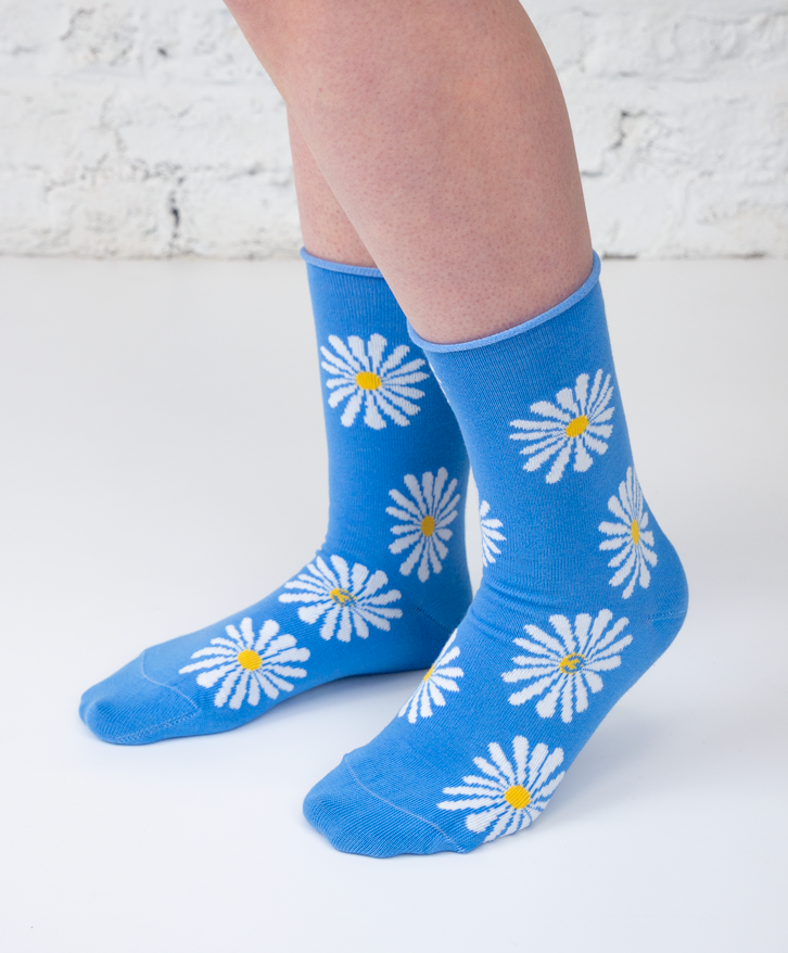 Chaussettes hautes motifs marguerites roulottées - Chaussettes hautes motifs marguerites roulottées