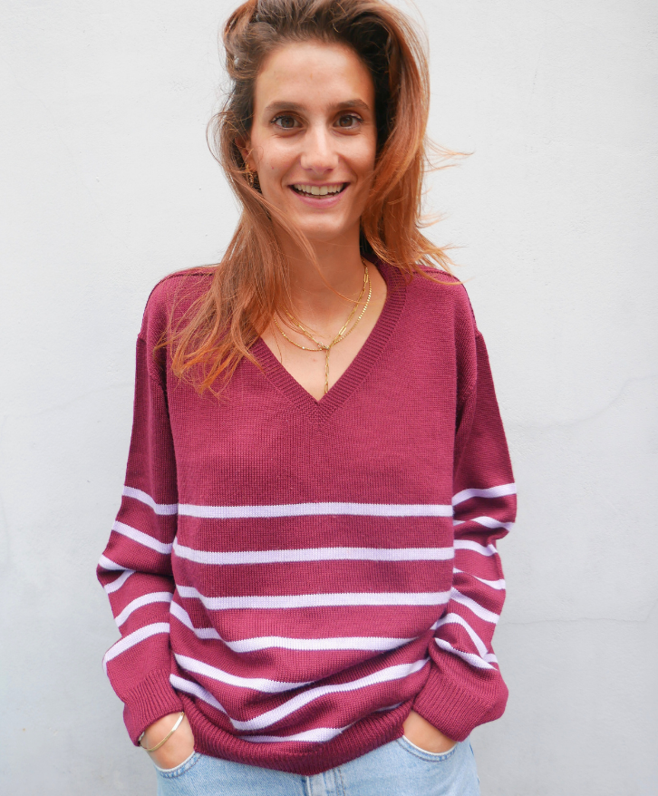 Pull mérinos V rayé femme -