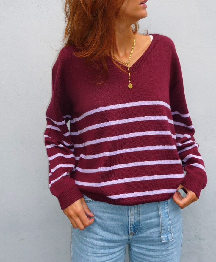 Pull mérinos V rayé femme - Pull mérinos V rayé femme
