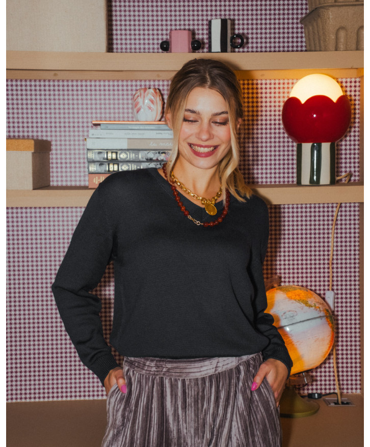Pull mérinos V uni femme