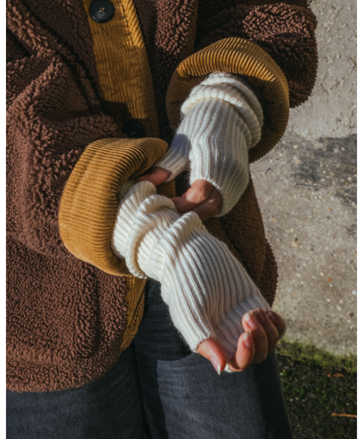 Mitaines longues en laine mérinos écru -