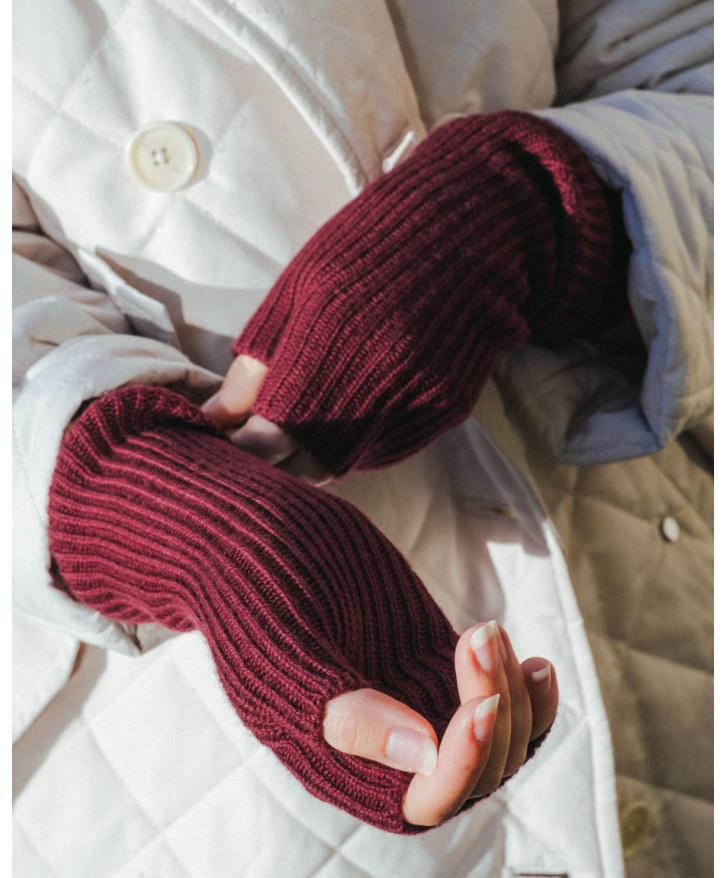 Mitaines longues en laine mérinos bordeaux