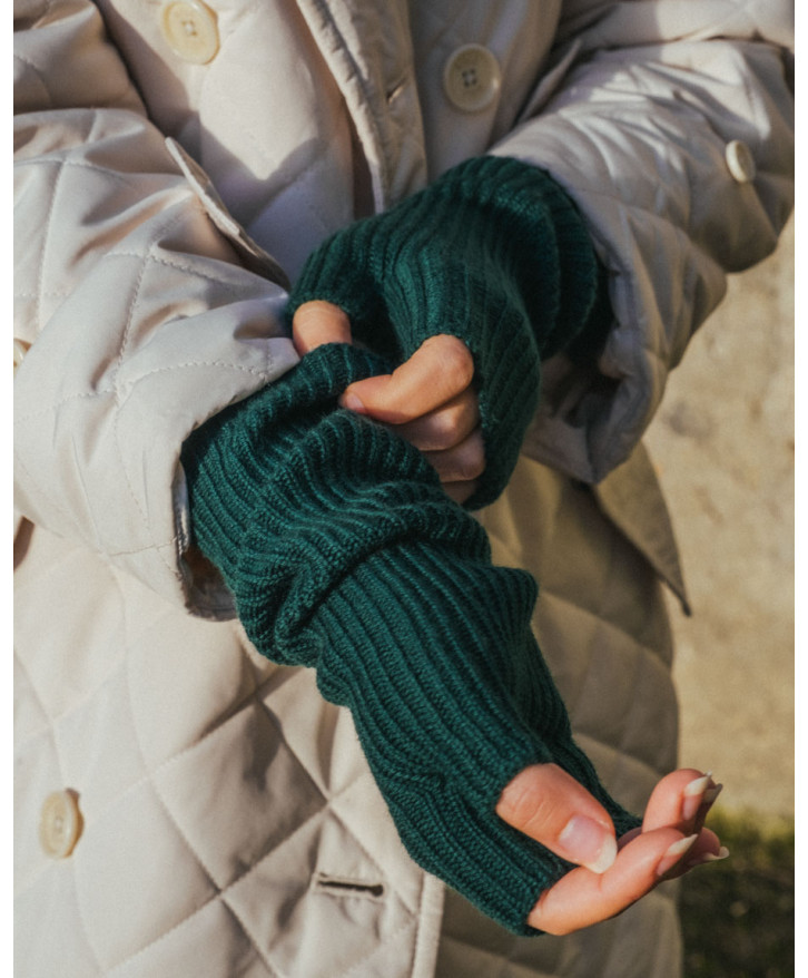 Mitaines longues en laine mérinos vert foncé