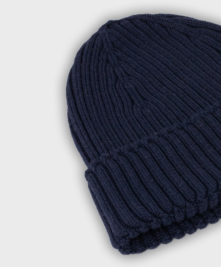 Bonnet côtes laine mérinos bleu marine -