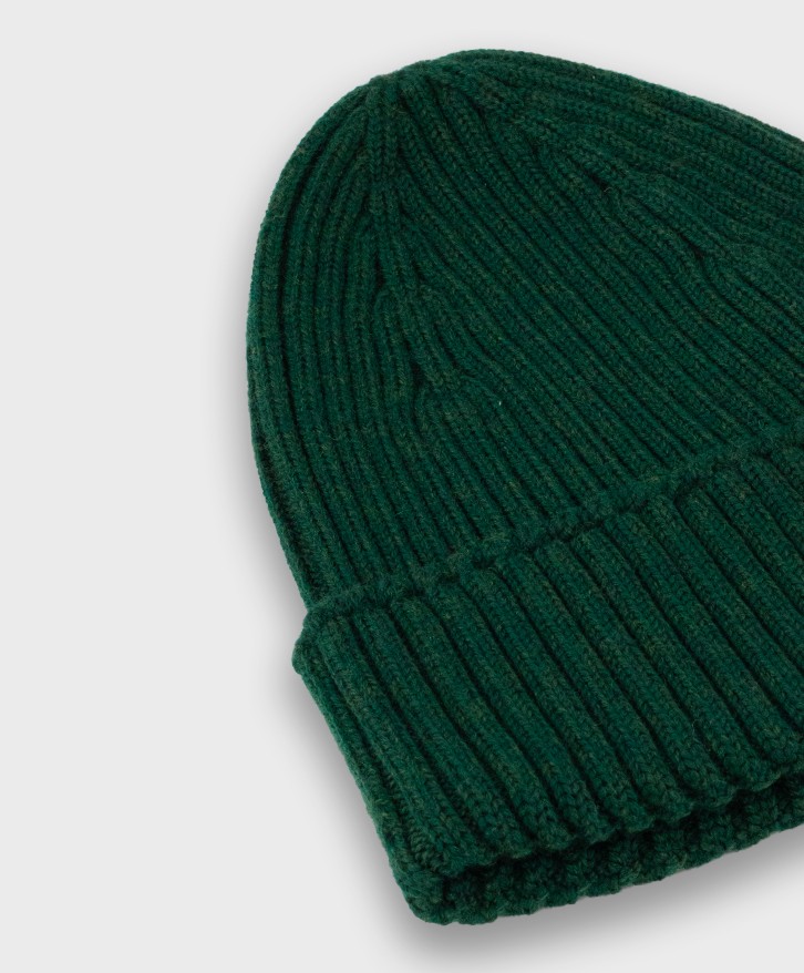 Bonnet côtes laine mérinos vert foncé -