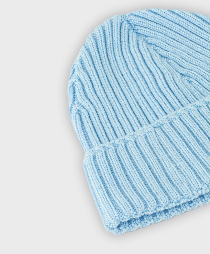 Bonnet côtes laine mérinos bleu ciel